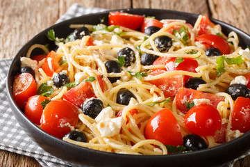 Summer homemade greek pasta salad with cheese, olives, tomatoes close-up on a plate. horizontal