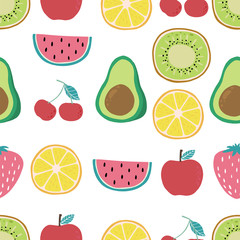 Cute fruit background with lemon,kiwi,cherry,apple.Vector illustration seamless pattern for background,wallpaper,frabic