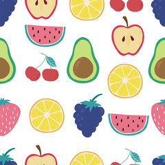Cute fruit background with lemon,apple,cherry,grape,strawberry.Vector illustration seamless pattern for background,wallpaper,frabic