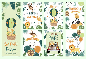 Collection of safari background set with giraffe,balloon,zebra,lion.Editable vector illustration for birthday invitation,postcard and sticker.Wording include wild and free © piixypeach