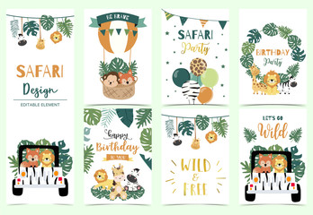 Collection of safari background set with giraffe,balloon,zebra,lion.Editable vector illustration for birthday invitation,postcard and sticker.Wording include wild and free - obrazy, fototapety, plakaty