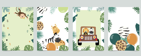 Green animal collection of safari frame set with leaf,leaves vector illustration for birthday invitation,postcard,logo and sticker © piixypeach