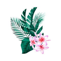 Composition of tropical plants and flowers. Botanical watercolor green exotic leaves. Coconut palm, monstera, banana tree, plumeria.