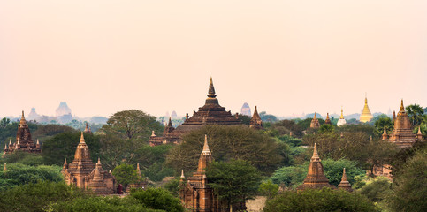 Stunning view of the beautiful Bagan ancient city during sunset. The Bagan Archaeological Zone is a main attraction in Myanmar and over 2,200 temples and pagodas still survive to the present day.