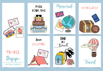 Collection of safari background set with tent,air mail;balloon,luggage,air plane.Editable vector illustration for birthday invitation,postcard and sticker