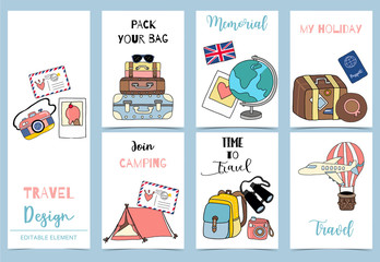Naklejka premium Collection of safari background set with tent,air mail;balloon,luggage,air plane.Editable vector illustration for birthday invitation,postcard and sticker
