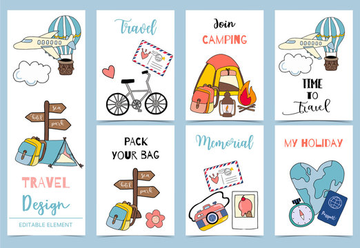 Collection of safari background set with tent,air mail;balloon,luggage,air plane.Editable vector illustration for birthday invitation,postcard and sticker