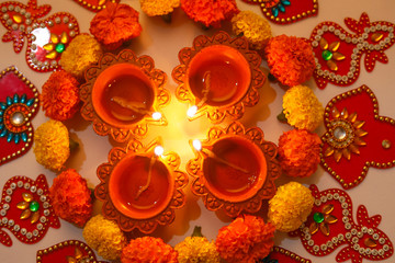 Indian Festival Diwali , Diwali lamp and flower rangoli 
