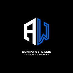 Initial letter AW minimalist line art hexagon shape logo. color  blue,white,black background