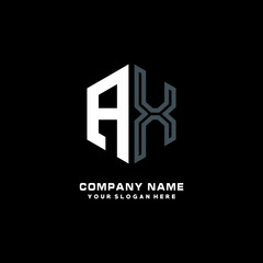 Initial letter AX minimalist line art hexagon shape logo. color  blue,white,black background