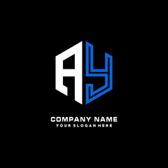 Initial letter AY minimalist line art hexagon shape logo. color  blue,white,black background