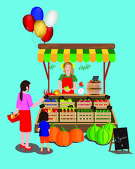 Happy smiling farmer local seller character standing near his shop store and sell fruits and vegetables. Farm agriculture concept. Vector flat cartoon design graphic banner illustration