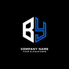 Initial letter BY minimalist line art hexagon shape logo. color  blue,white,black background