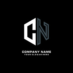 Initial letter CN minimalist line art hexagon shape logo. color  blue,white,black background
