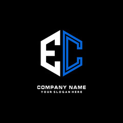 Initial letter EC minimalist line art hexagon shape logo. color  blue,white,black background
