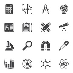 Science and education vector icons set, modern solid symbol collection, filled style pictogram pack. Signs, logo illustration. Set includes icons as math calculator, geography globe, satellite, atom