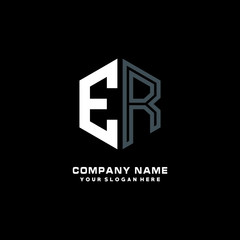 Obraz premium Initial letter ER minimalist line art hexagon shape logo. color blue,white,black background