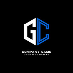 Initial letter GC minimalist line art hexagon shape logo. color  blue,white,black background