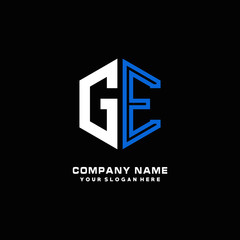 Initial letter GE minimalist line art hexagon shape logo. color  blue,white,black background