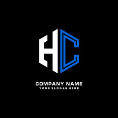 Initial letter HC minimalist line art hexagon shape logo. color  blue,white,black background