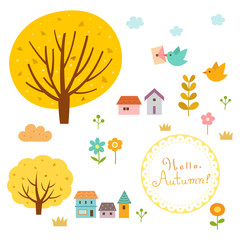 Cute autumn village nature elements set