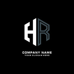 Initial letter HR minimalist line art hexagon shape logo. color  blue,white,black background