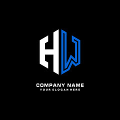 Initial letter HW minimalist line art hexagon shape logo. color  blue,white,black background