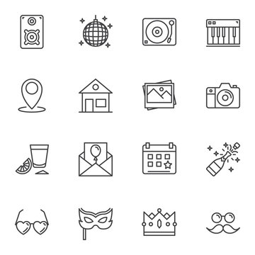 Party decoration line icons set. linear style symbols collection, outline signs pack. vector graphics. Set includes icons as Disco ball, dj turntable, champagne bottle, carnival mask, photo camera