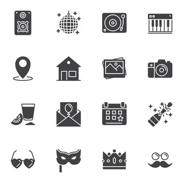 Party decoration vector icons set, modern solid symbol collection filled style pictogram pack. Signs, logo illustration. Set includes icons as Disco ball, dj turntable, champagne bottle, carnival mask