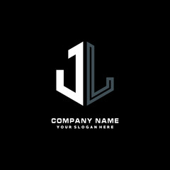 Initial letter JL minimalist line art hexagon shape logo. color  blue,white,black background
