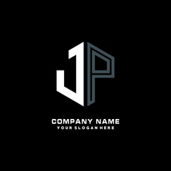 Initial letter JP minimalist line art hexagon shape logo. color  blue,white,black background