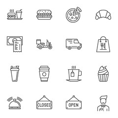 Fototapeta premium Restaurant food line icons set. linear style symbols collection outline signs pack. vector graphics. Set includes icons as fast food, pizza, croissant, waiter, scooter, call button, burger, coffee cup