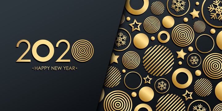 2020 New Year luxury holiday banner with gold christmas balls, stars and snowflakes. Vector illustration.