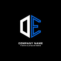 Initial letter OE minimalist line art hexagon shape logo. color  blue,white,black background
