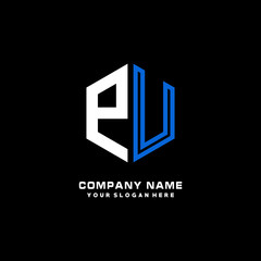 Initial letter PU minimalist line art hexagon shape logo. color  blue,white,black background