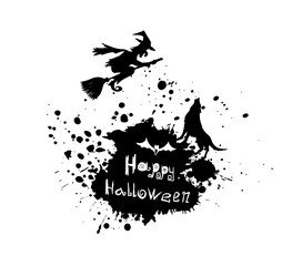 Obraz premium The silhouette of a witch flying on a broom. Happy Halloween. Vector illustration