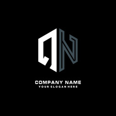 Initial letter QN minimalist line art hexagon shape logo. color  blue,white,black background