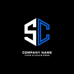 Initial letter SC minimalist line art hexagon shape logo. color  blue,white,black background