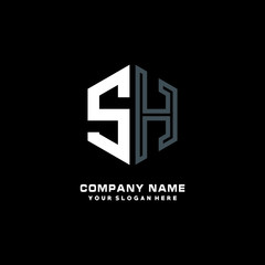 Initial letter SH minimalist line art hexagon shape logo. color  blue,white,black background