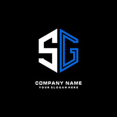 Initial letter SG minimalist line art hexagon shape logo. color  blue,white,black background
