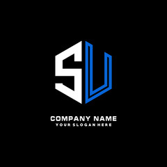 Obraz premium Initial letter SU minimalist line art hexagon shape logo. color blue,white,black background
