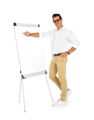 Professional business trainer near flip chart on white background