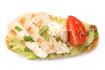Delicious chicken bruschetta on white background, top view