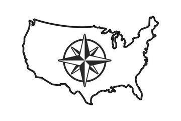 Vector usa country linear map with isolated compass. Compass, navigation icon. Vector graphic. Vintage compass.
