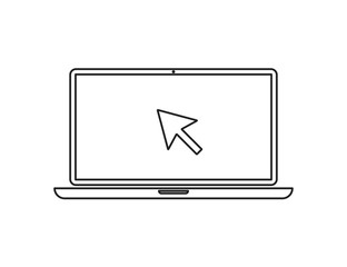 Laptop linear with pointer in flat style. Linear icon. Vector flat illustration. Mobile internet technology. Digital vector illustration.