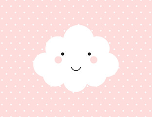 Cloud smile on dotted pink background. Decoration element. Vector abstract logo design element. Cute design. Wallpaper background. Emoji icon.