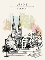  Lubeck, Germany, Europe. Hanseatic city riverside. Historic buildings, trees, river Trave. Hand drawing. Travel sketch. Vertical vintage touristic postcard, poster or book illustration. Vector art