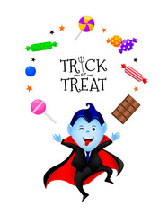 Cute Halloween cartoon character design. Count dracula with candies. Illustration isolated on white background. Design for poster, banner and greeting card.