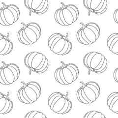 Seamless pattern with pumpkins for anti stress coloring book. Black and white vector illustration. Perfect for fabric, wallpaper, textile, web design.