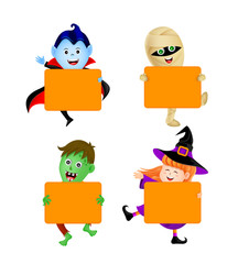 Halloween cartoon character holding blank paper banner for text. Zombie, Dracula, Mummy and Witch. Illustration isolated on white background. Halloween design element for banner, postcard, poster.